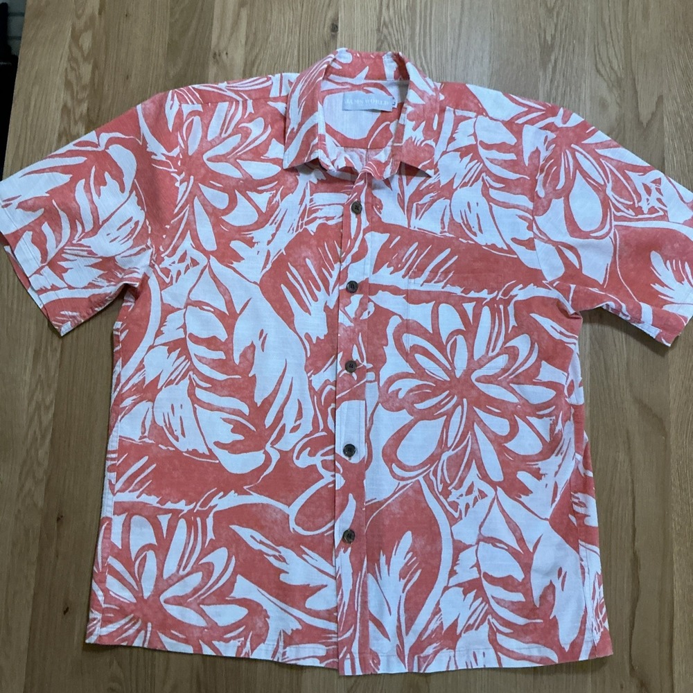 Jams World Royal Garden Peach Hawaiian Shirt Mens L Orange Floral Cotton Aloha